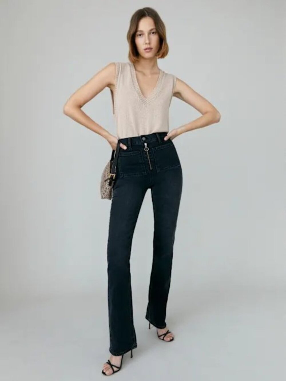 Reformation Black High-Rise Jeans with Front Patch Pockets and Center Zip
